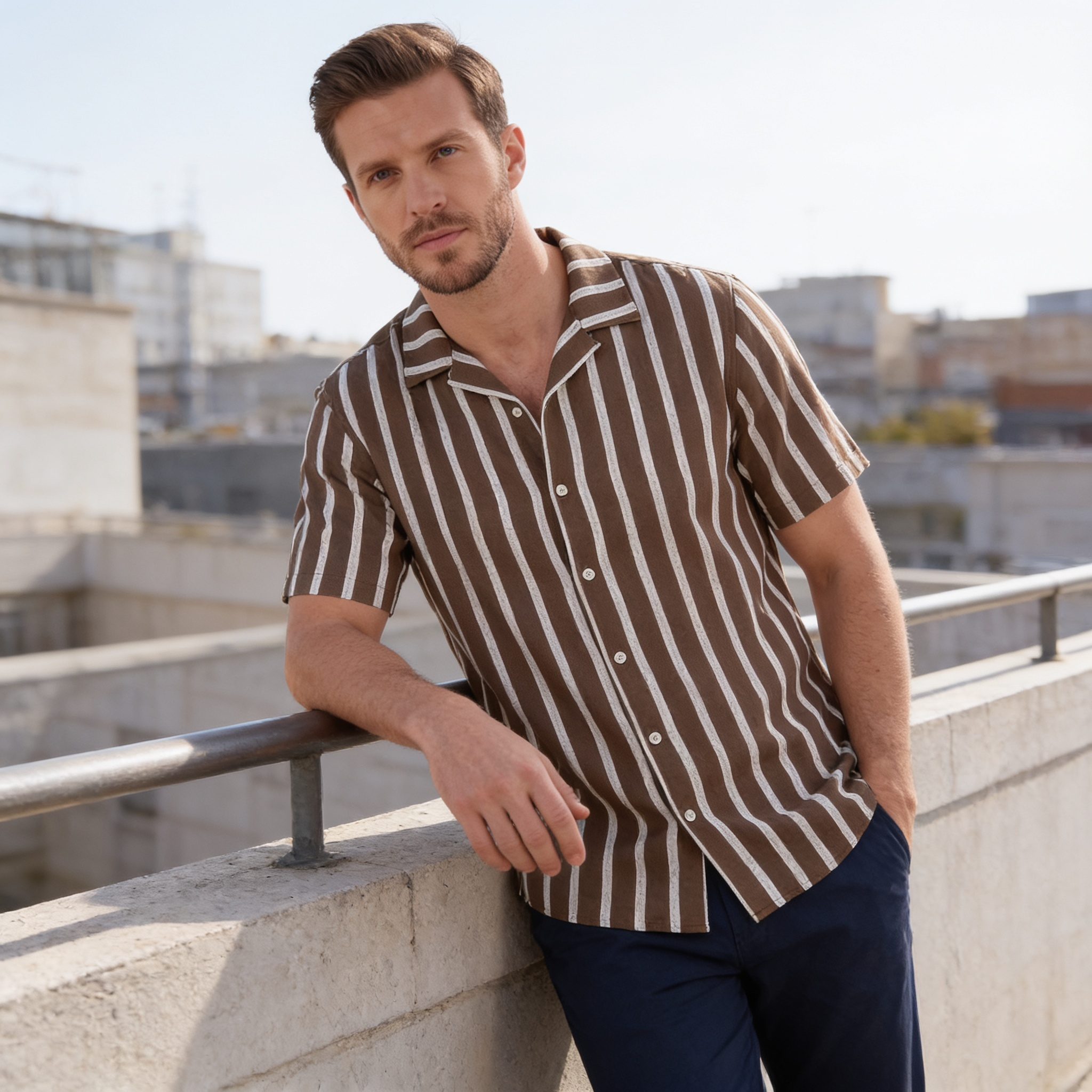 Men's Linen Blend Stripe Camp Collar Shirt