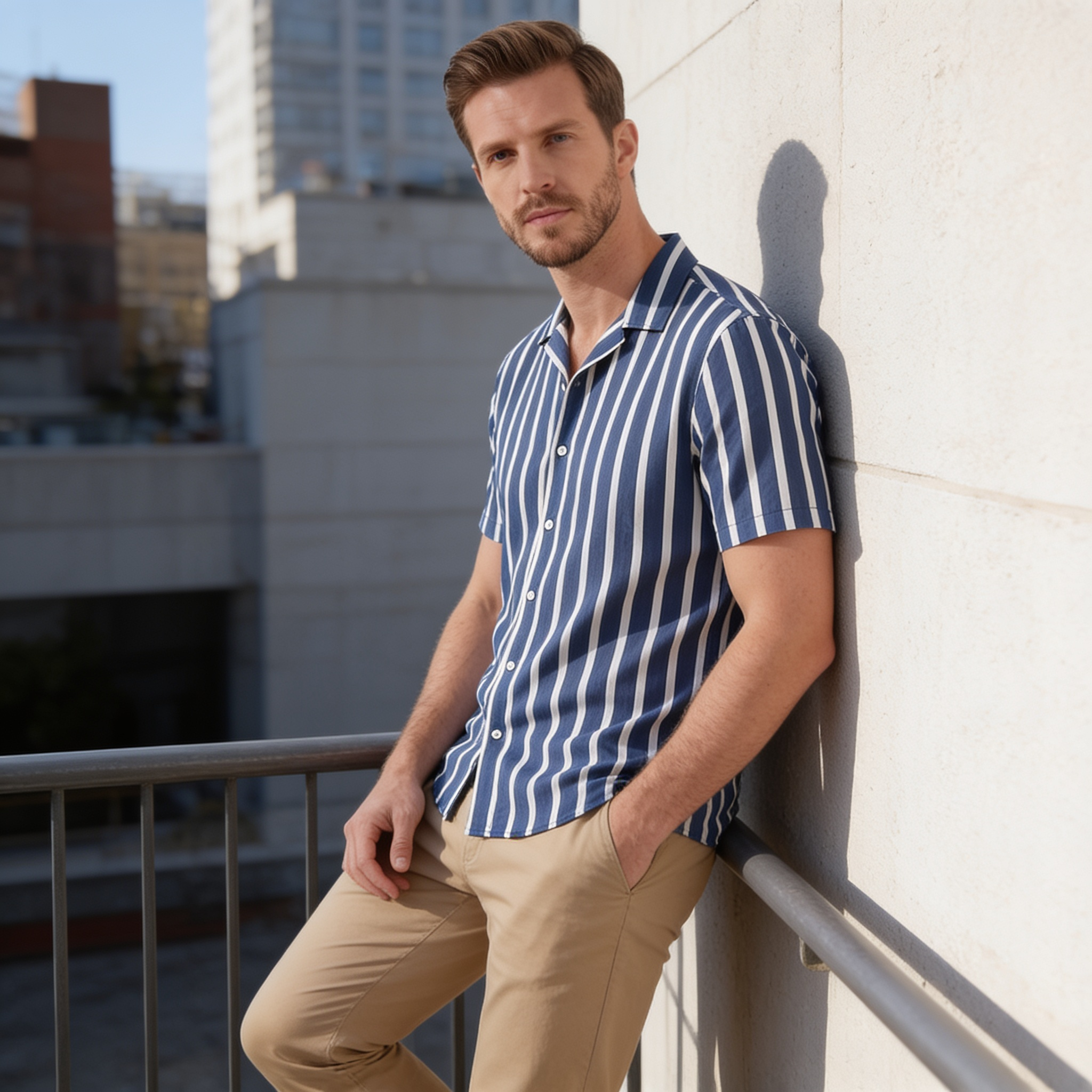 Men's Linen Blend Stripe Camp Collar Shirt