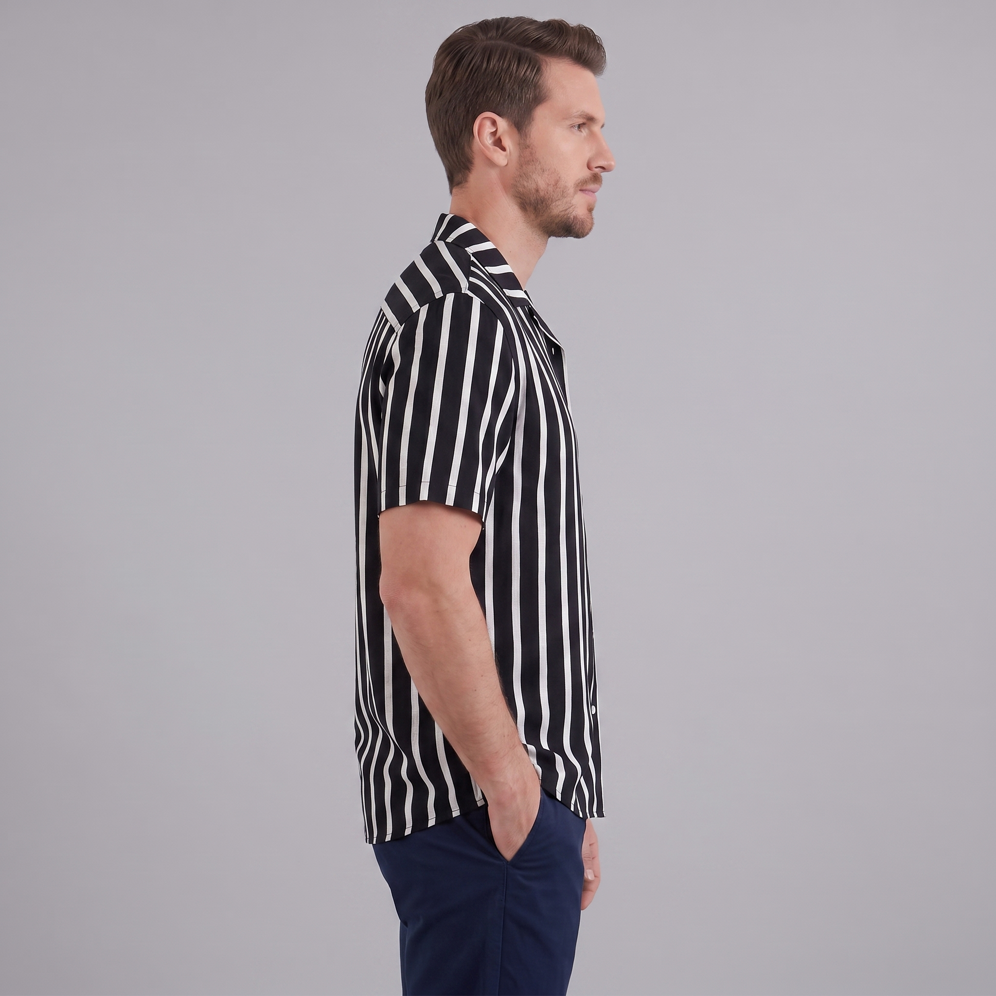 Men's Linen Blend Stripe Camp Collar Shirt