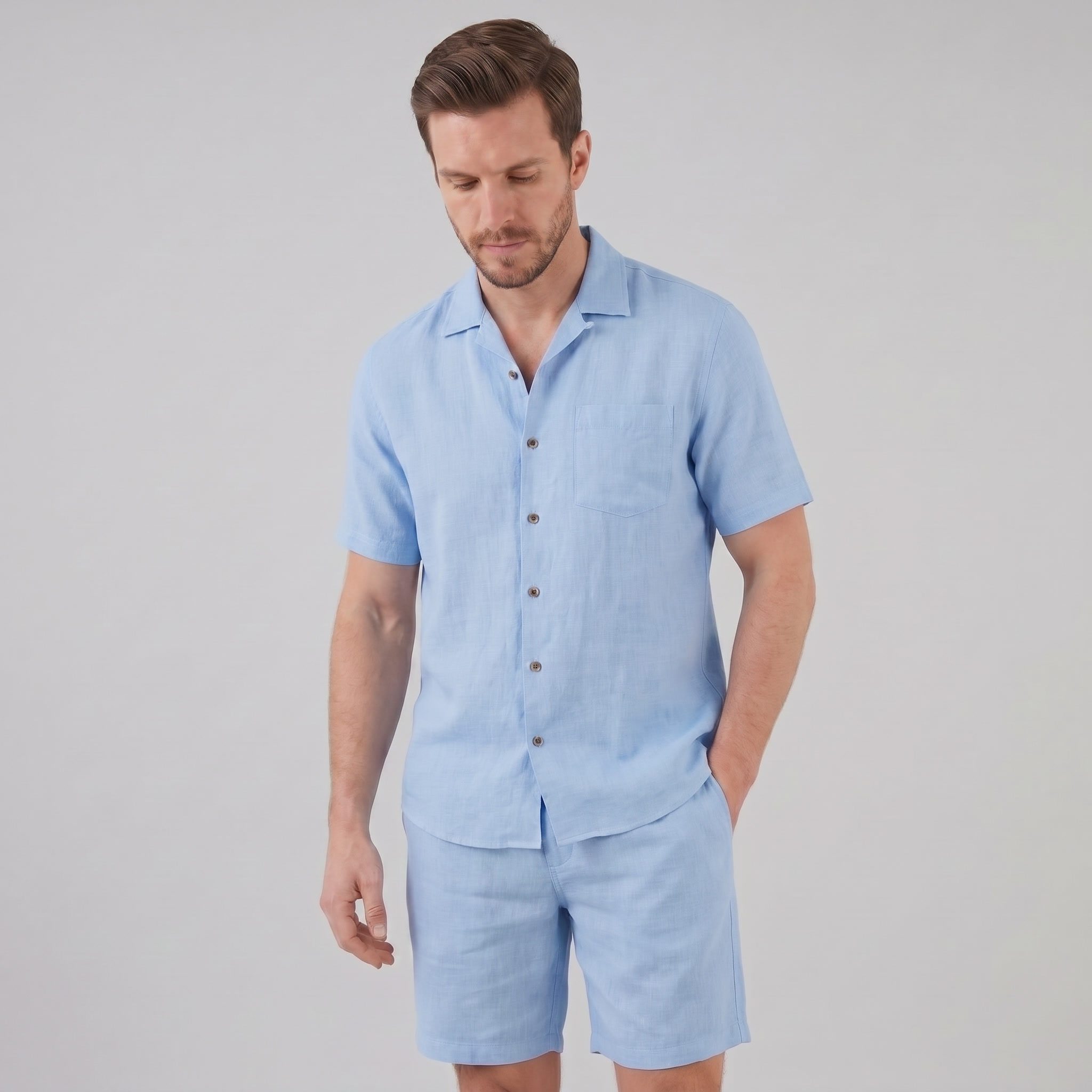Men's Linen Camp Collar Shirt and Shorts Set
