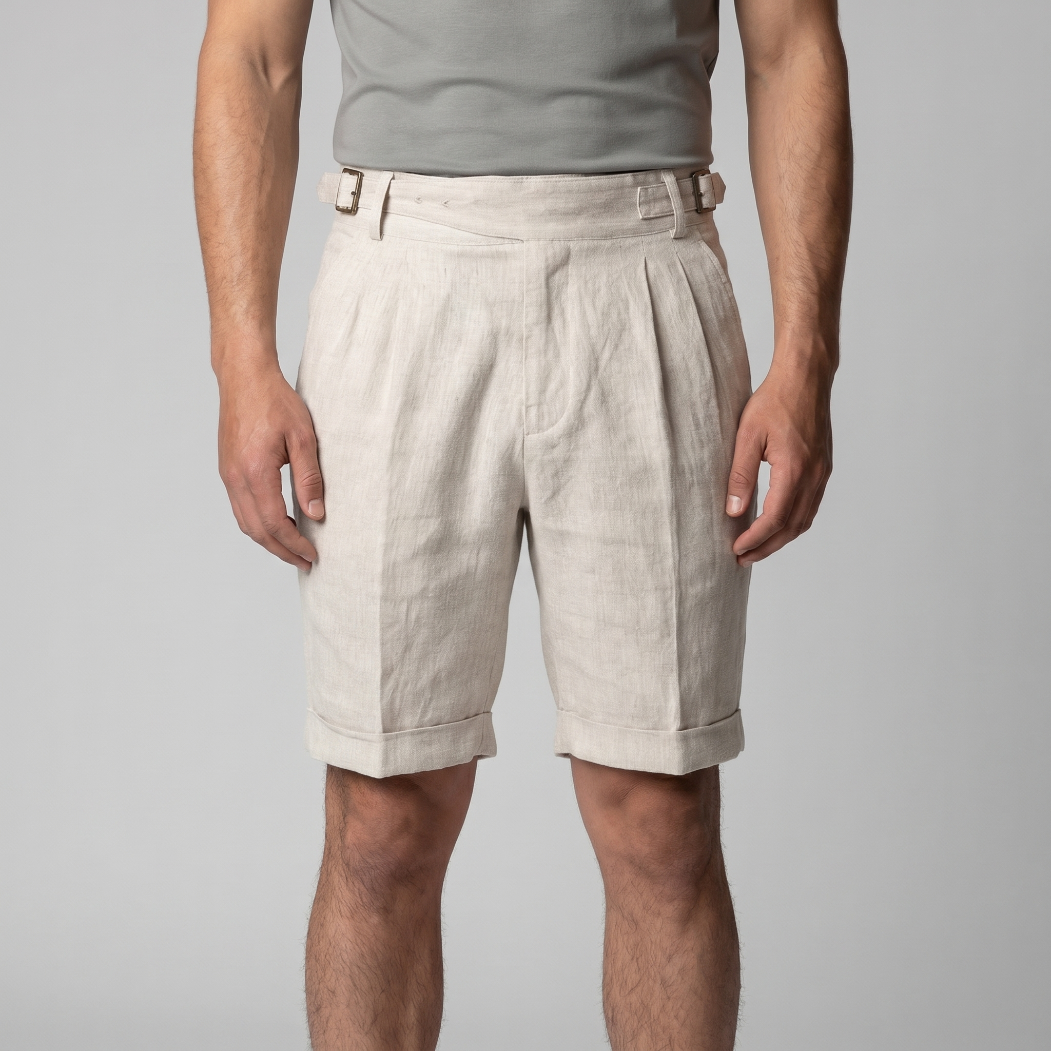 Men's Linen Classic Shorts with Adjustable Waist and Pleats