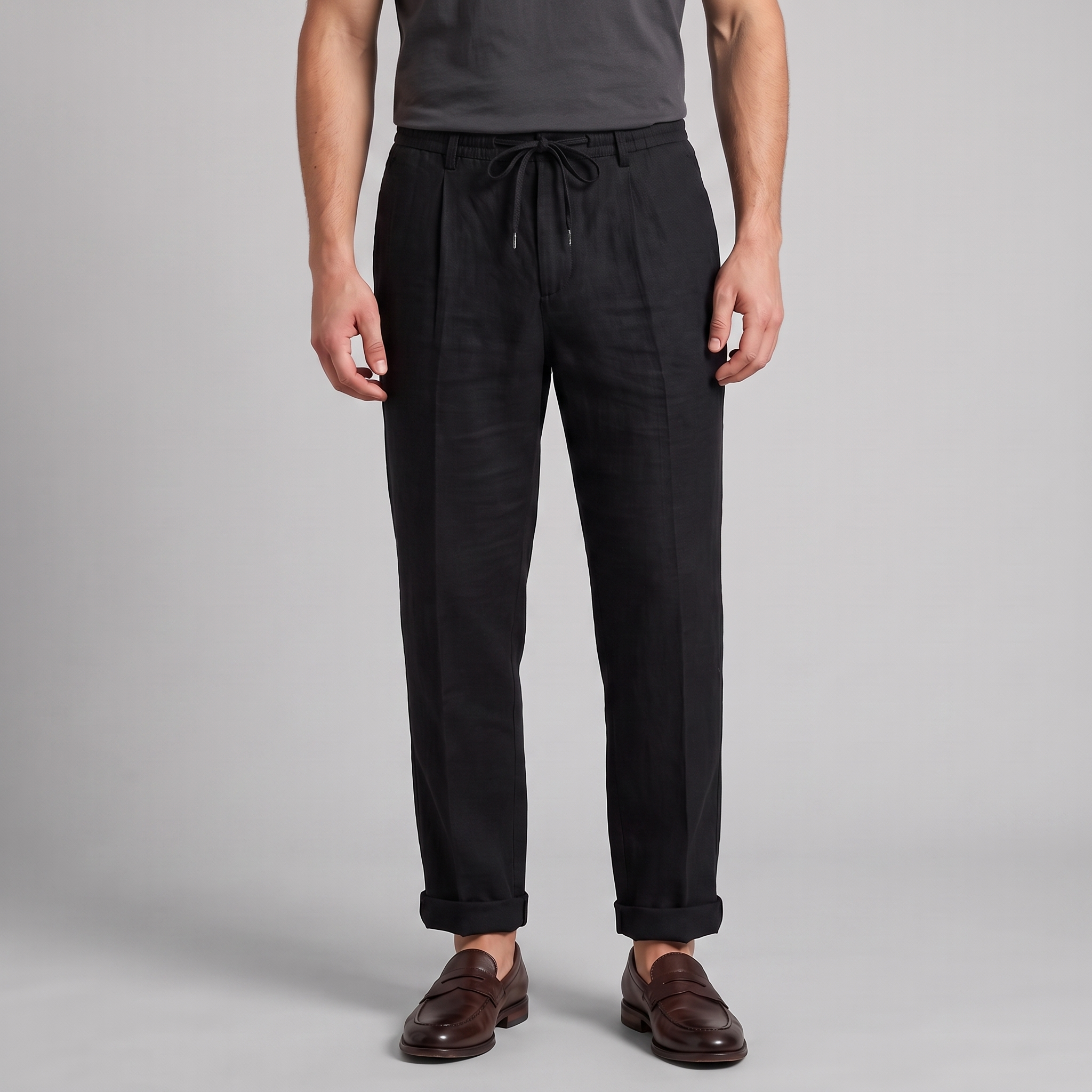 Men's Linen Drawstring Pleated Trousers