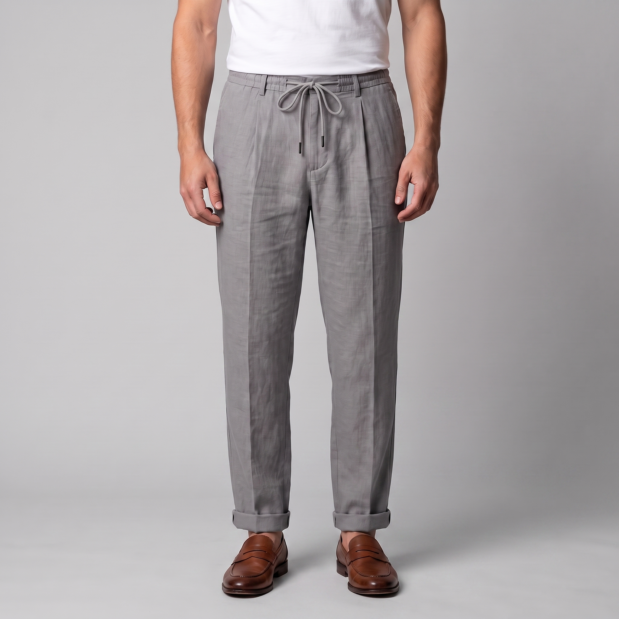 Men's Linen Drawstring Pleated Trousers