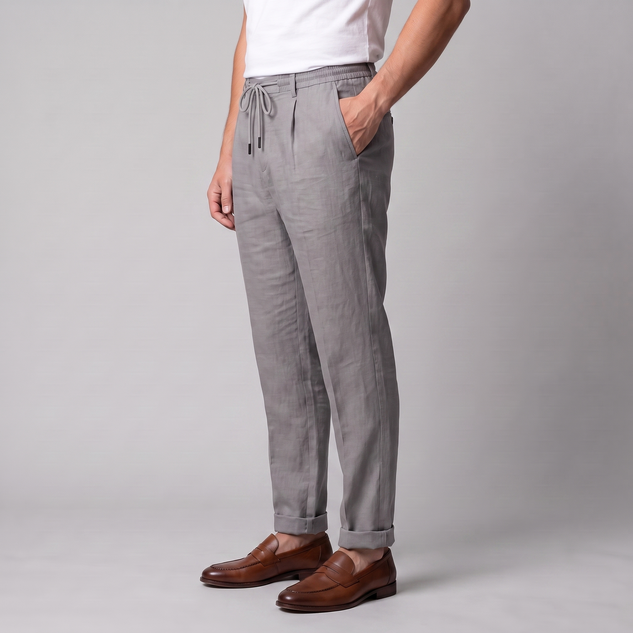 Men's Linen Drawstring Pleated Trousers
