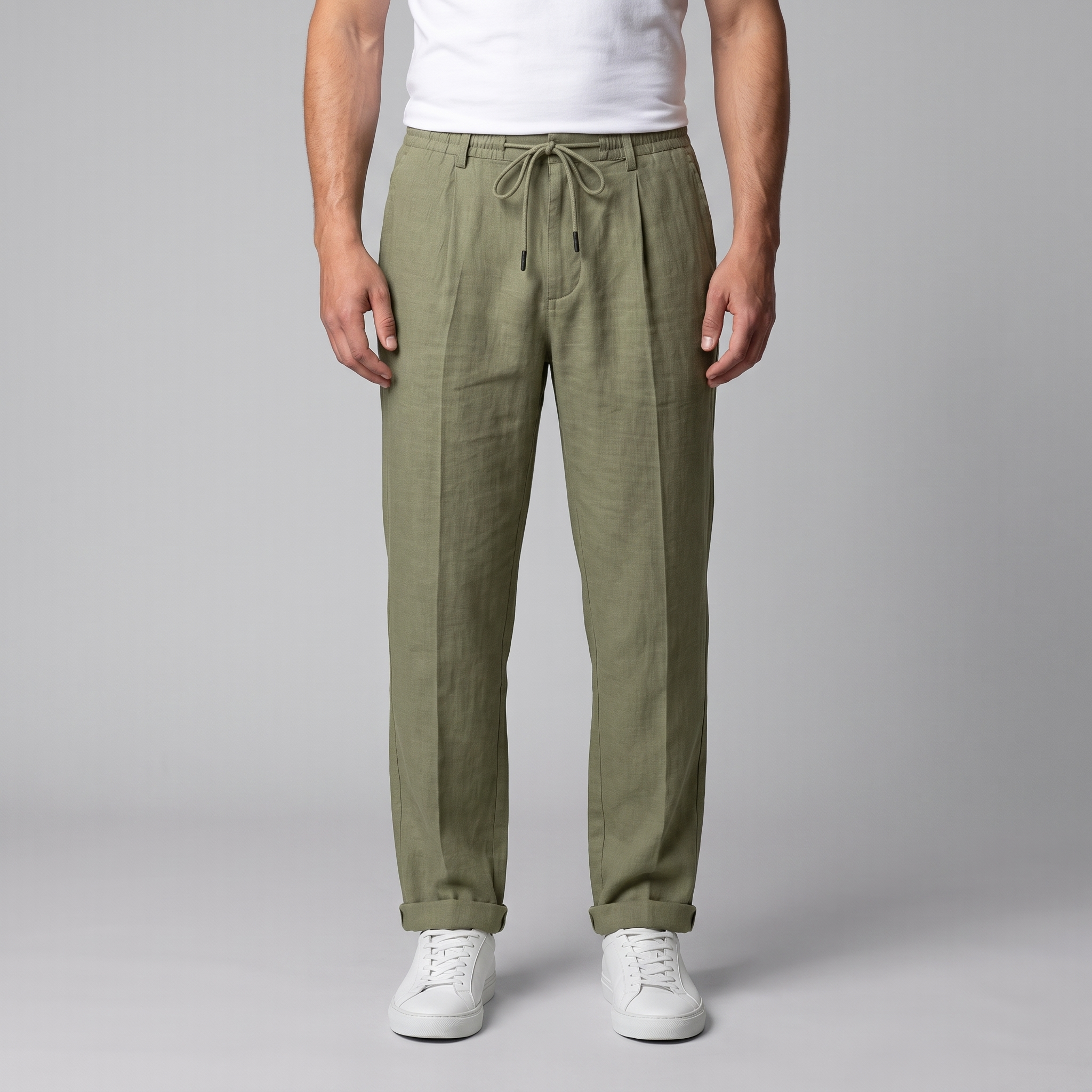 Men's Linen Drawstring Pleated Trousers