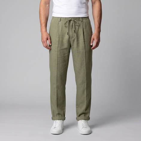 Men's Linen Drawstring Pleated Trousers