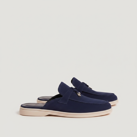 Men's Navy Suede Metal Buckle Loafer Mules