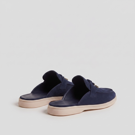 Men's Navy Suede Metal Buckle Loafer Mules