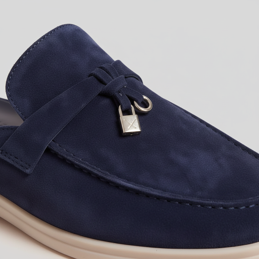 Men's Navy Suede Metal Buckle Loafer Mules