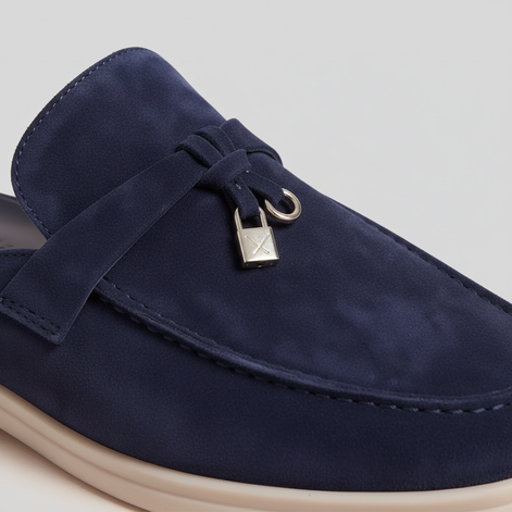 Men's Navy Suede Metal Buckle Loafer Mules