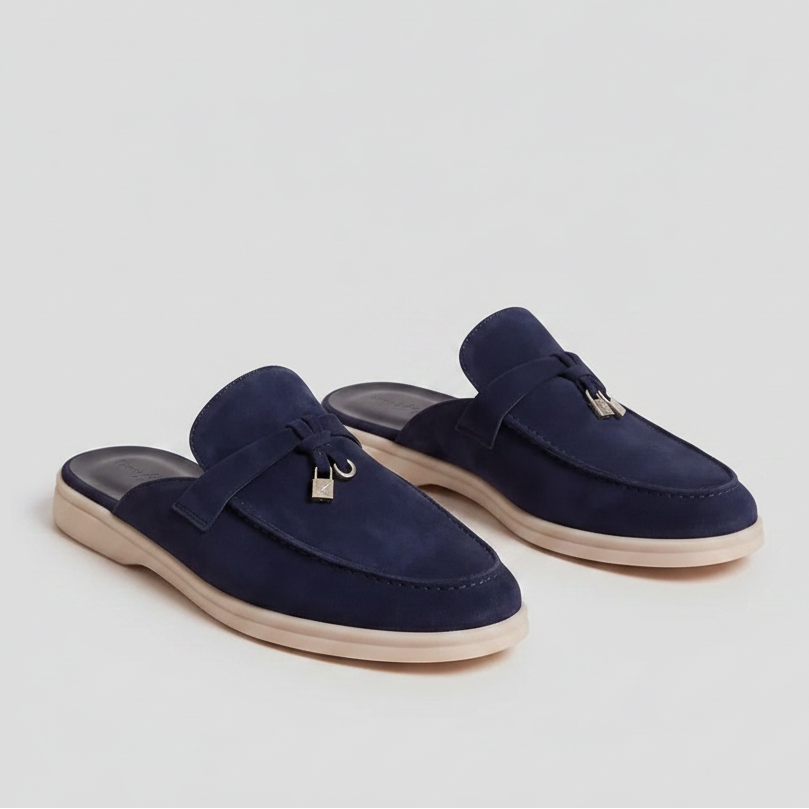 Men's Navy Suede Metal Buckle Loafer Mules