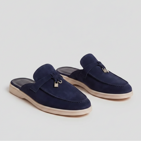 Men's Navy Suede Metal Buckle Loafer Mules