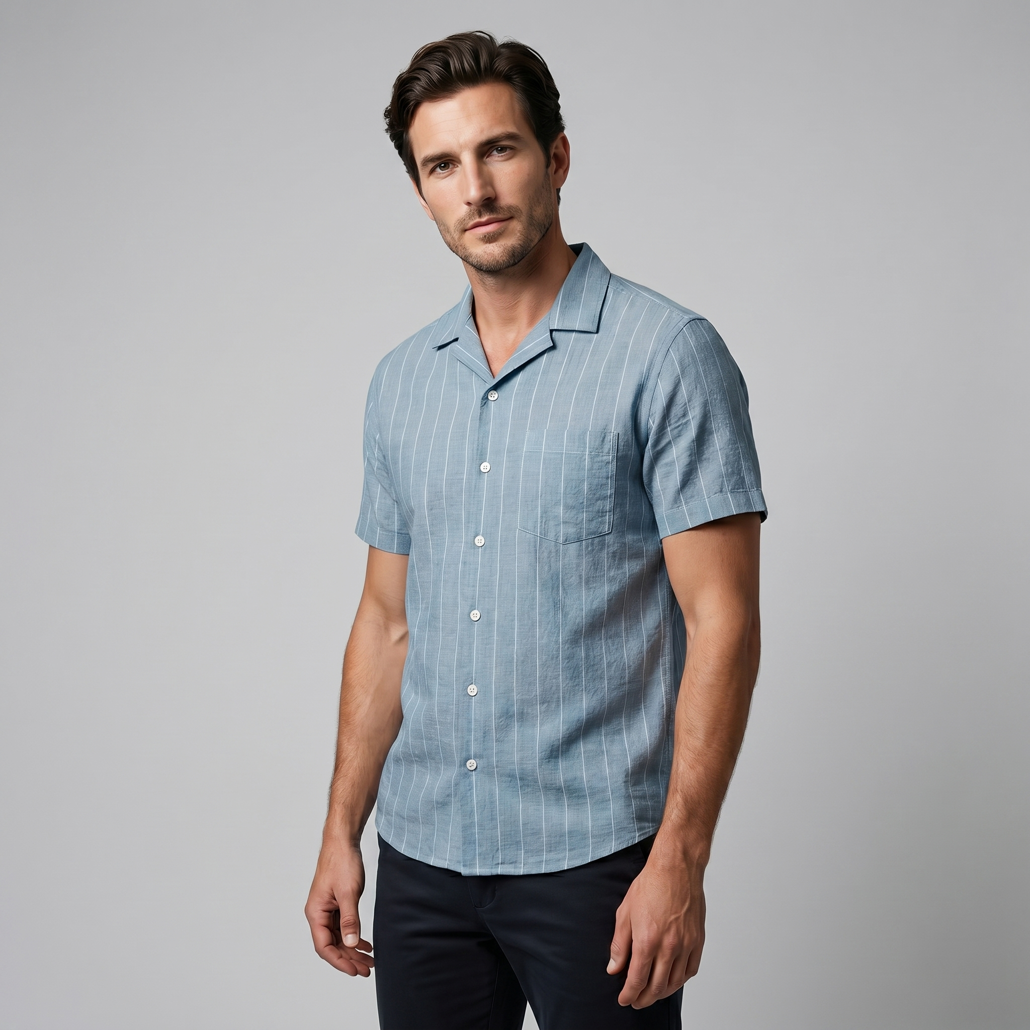 Men's Pinstripe Short-Sleeve Camp Shirt