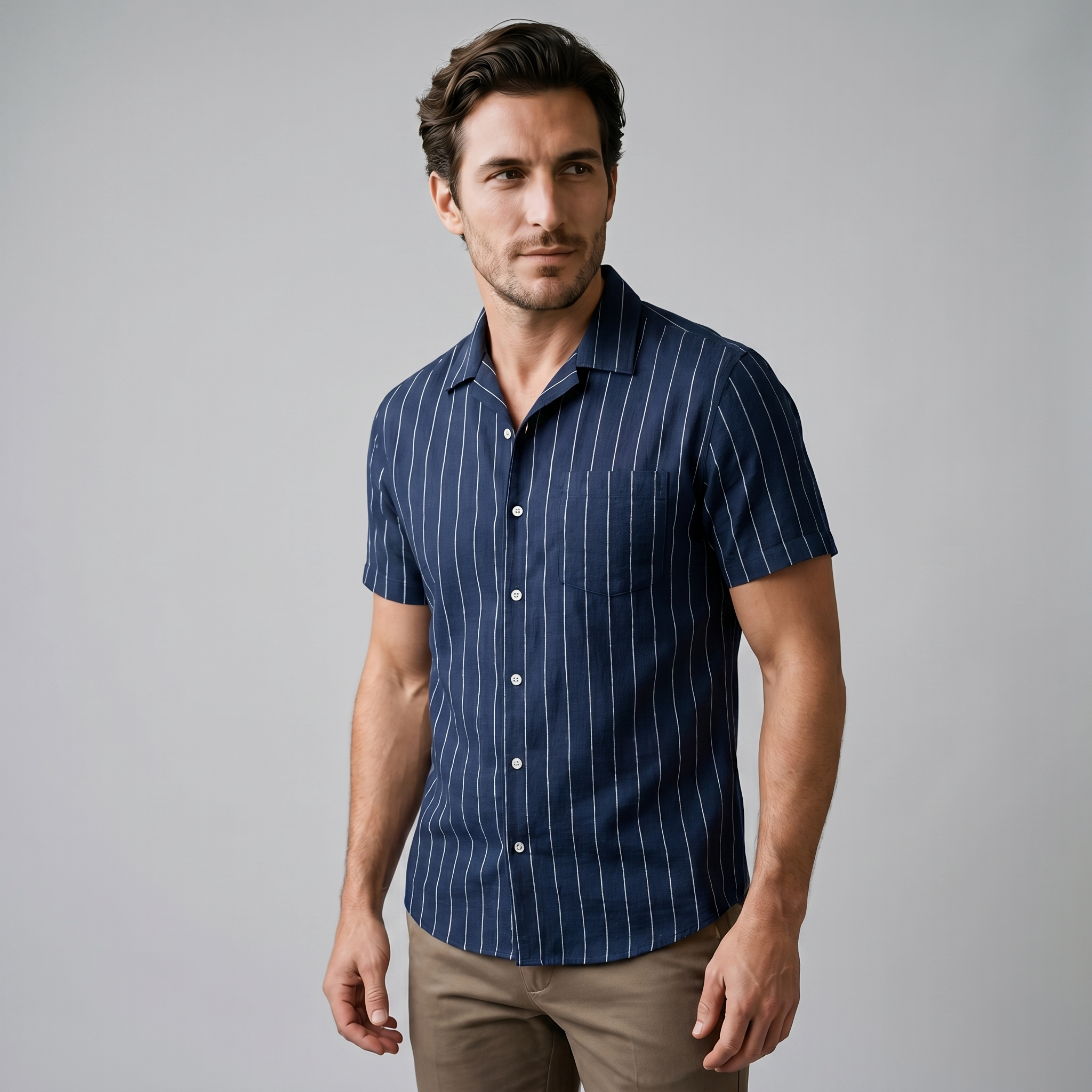Men's Pinstripe Short-Sleeve Camp Shirt