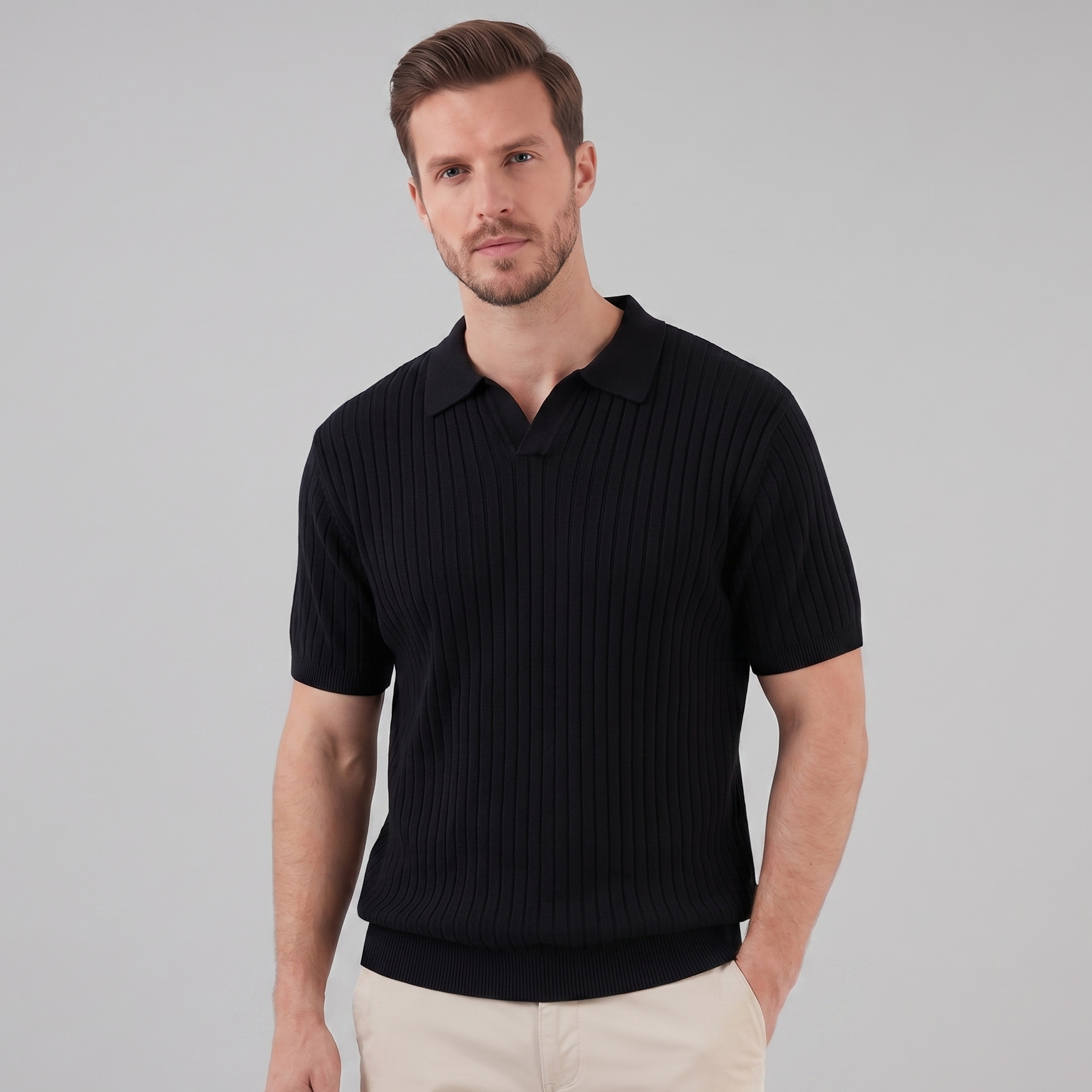 Men's Rib-Knit Polo Shirt with Short Sleeves