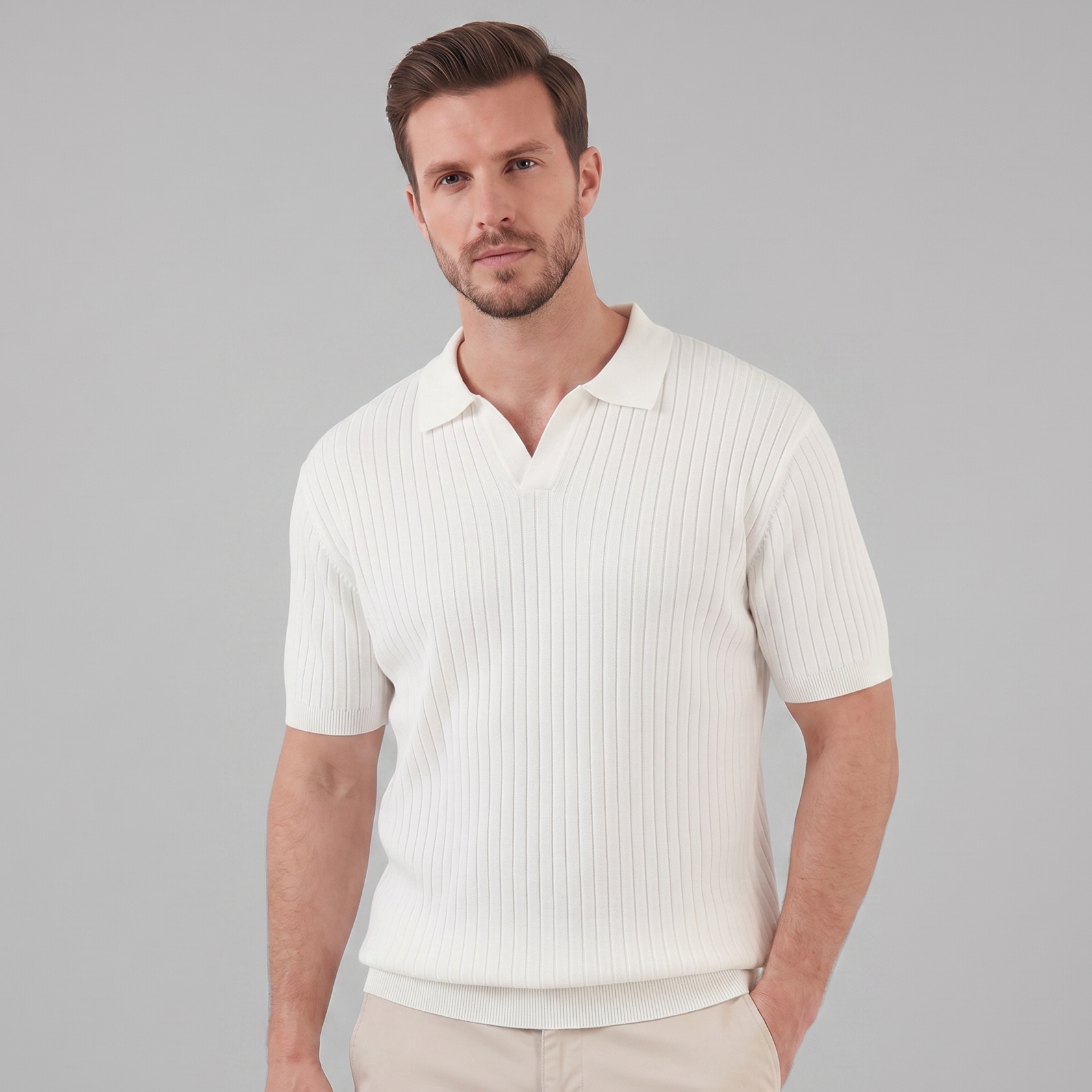 Men's Rib-Knit Polo Shirt with Short Sleeves