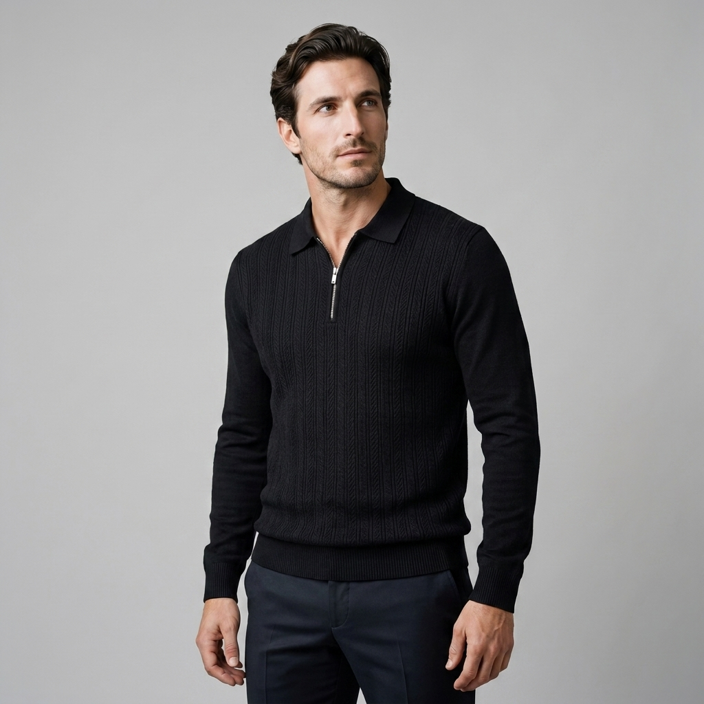 Men's Rib Knit Polo Shirt with Zipper