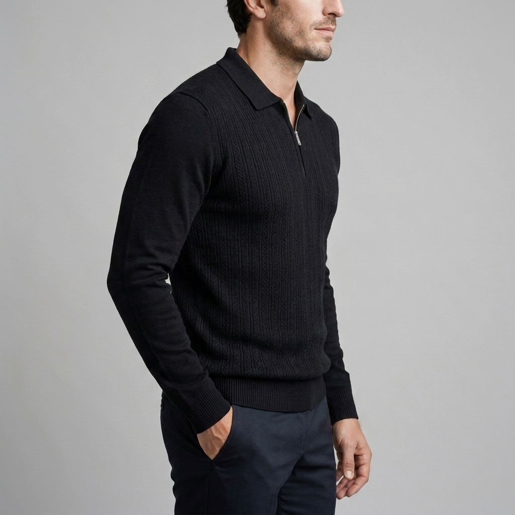 Men's Rib Knit Polo Shirt with Zipper