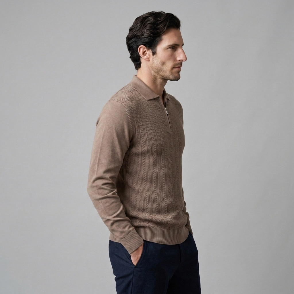Men's Rib Knit Polo Shirt with Zipper