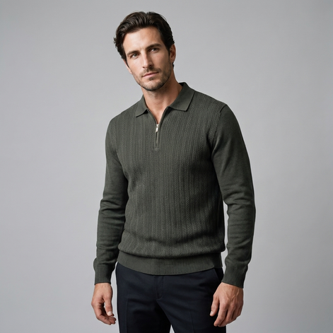 Men's Rib Knit Polo Shirt with Zipper