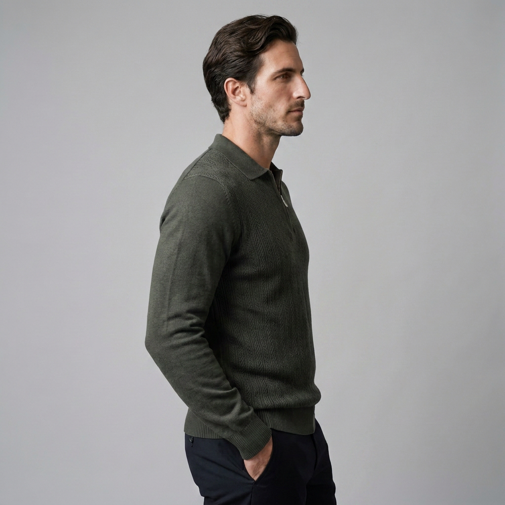 Men's Rib Knit Polo Shirt with Zipper
