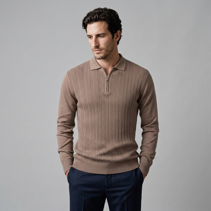 Men's Rib Knit Polo Shirt with Zipper
