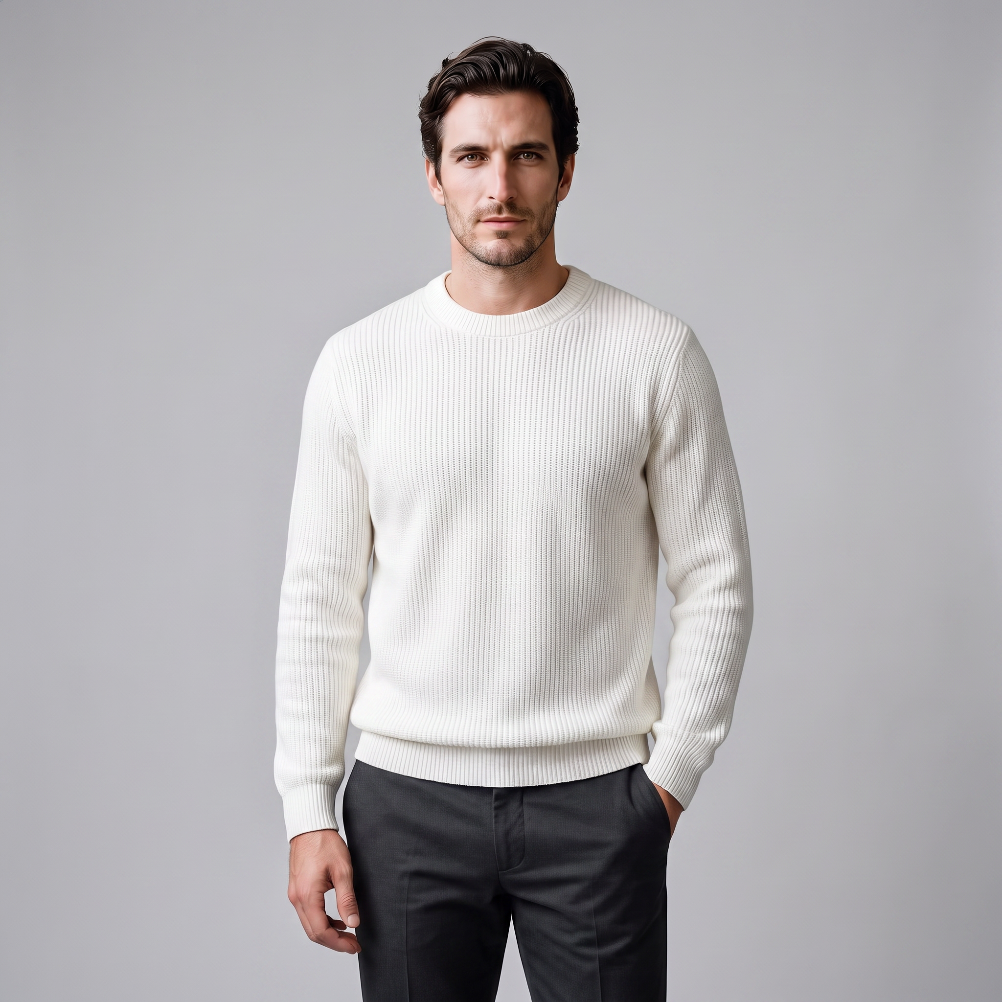 Men's Ribbed Crew Neck Cotton Sweater