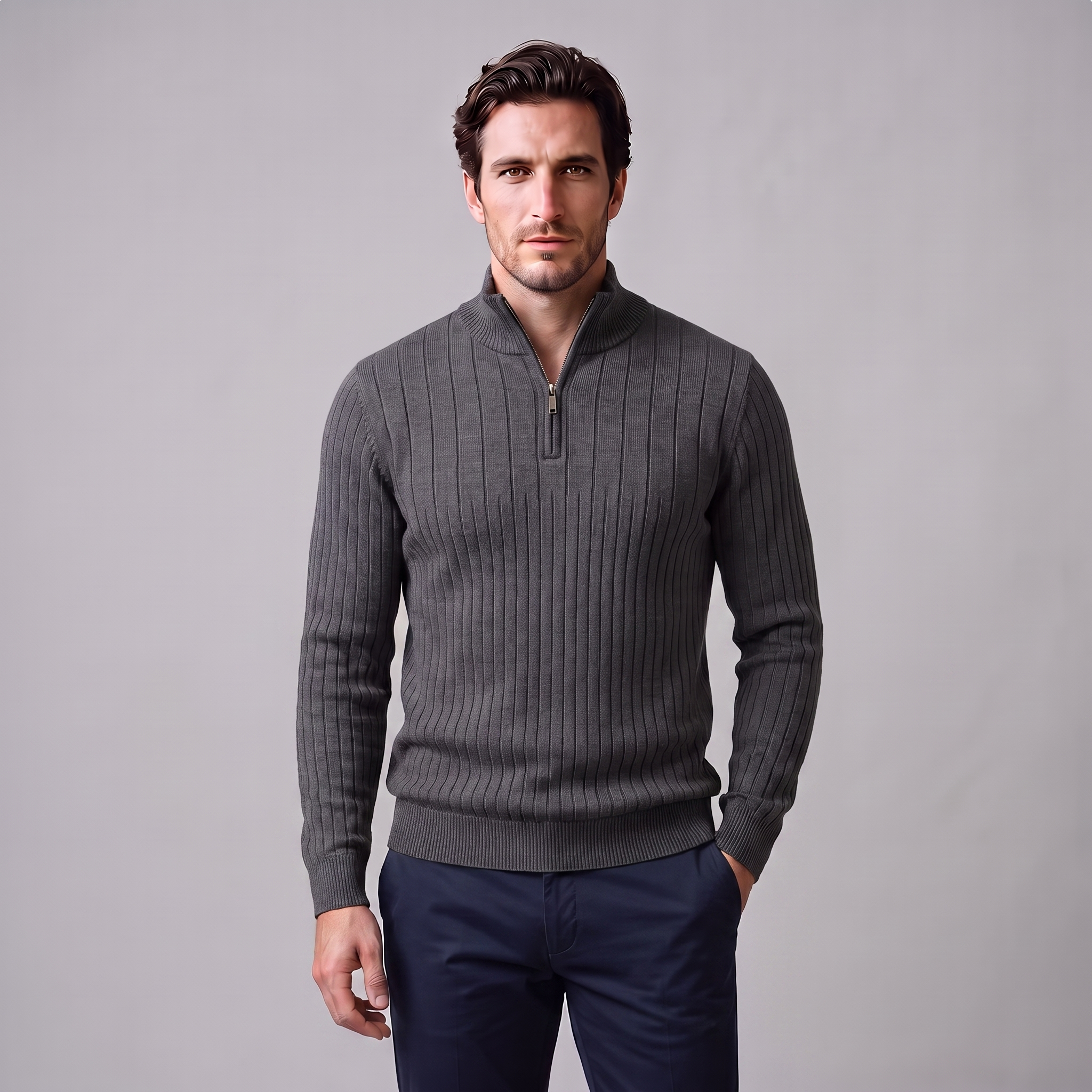 Men's Ribbed Half-Zip Cotton Sweater