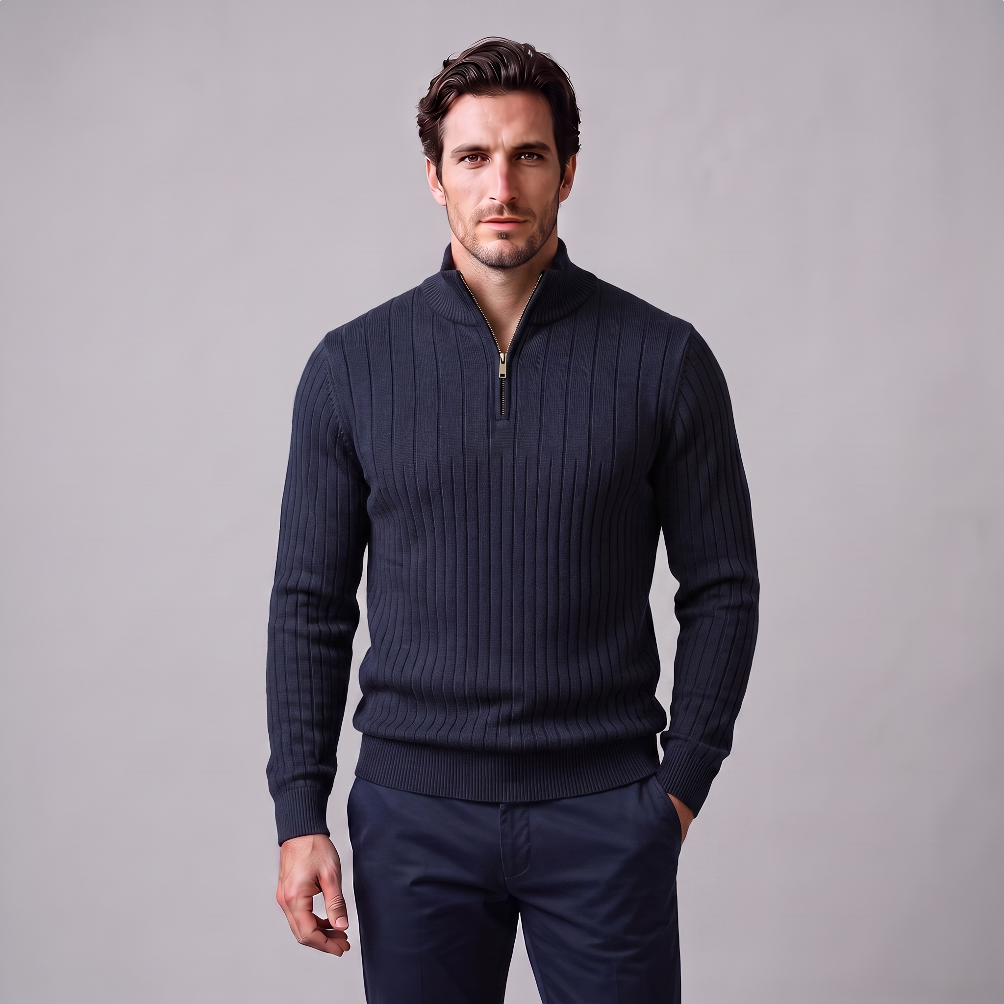 Men's Ribbed Half-Zip Cotton Sweater