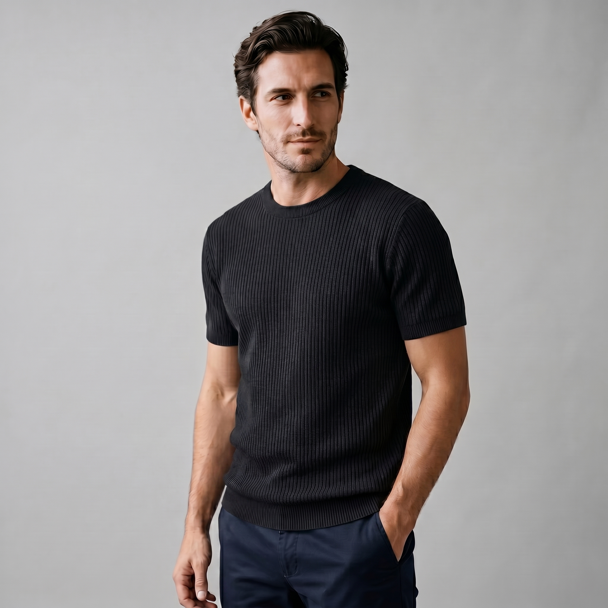 Men's Ribbed Knit Crew Neck T-Shirt