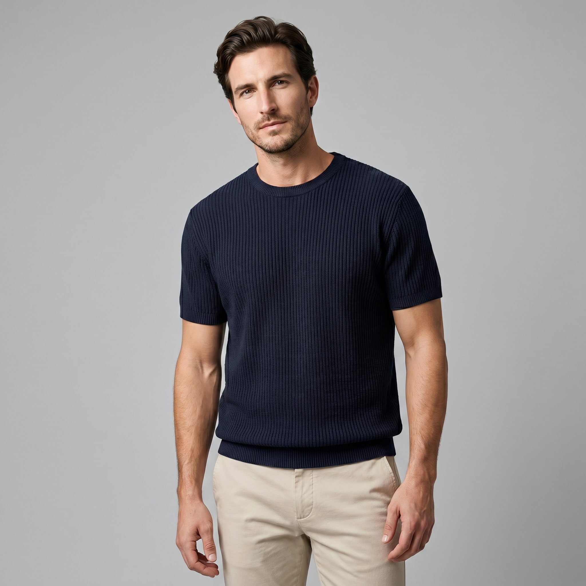 Men's Ribbed Knit Crew Neck T-Shirt