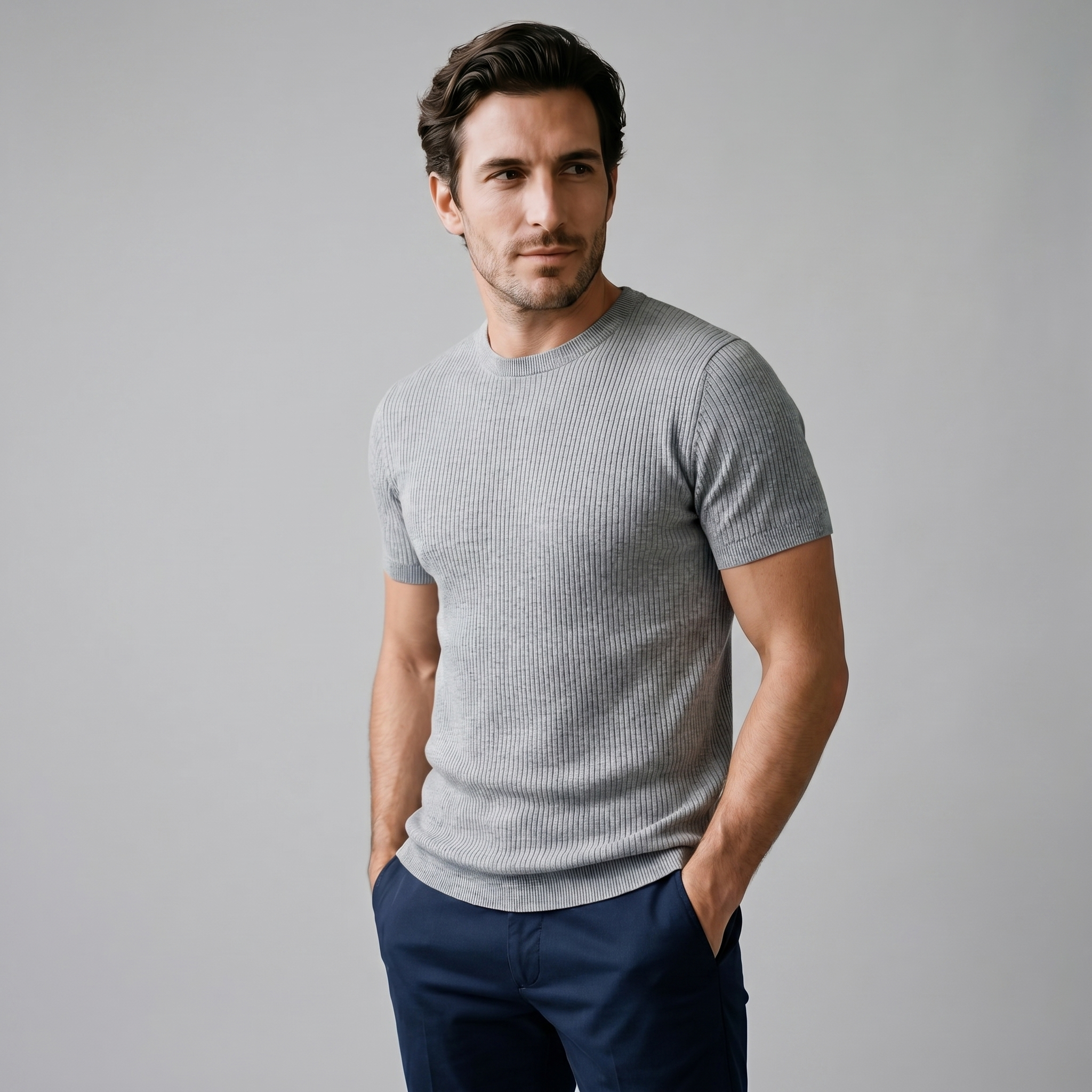 Men's Ribbed Knit Crew Neck T-Shirt