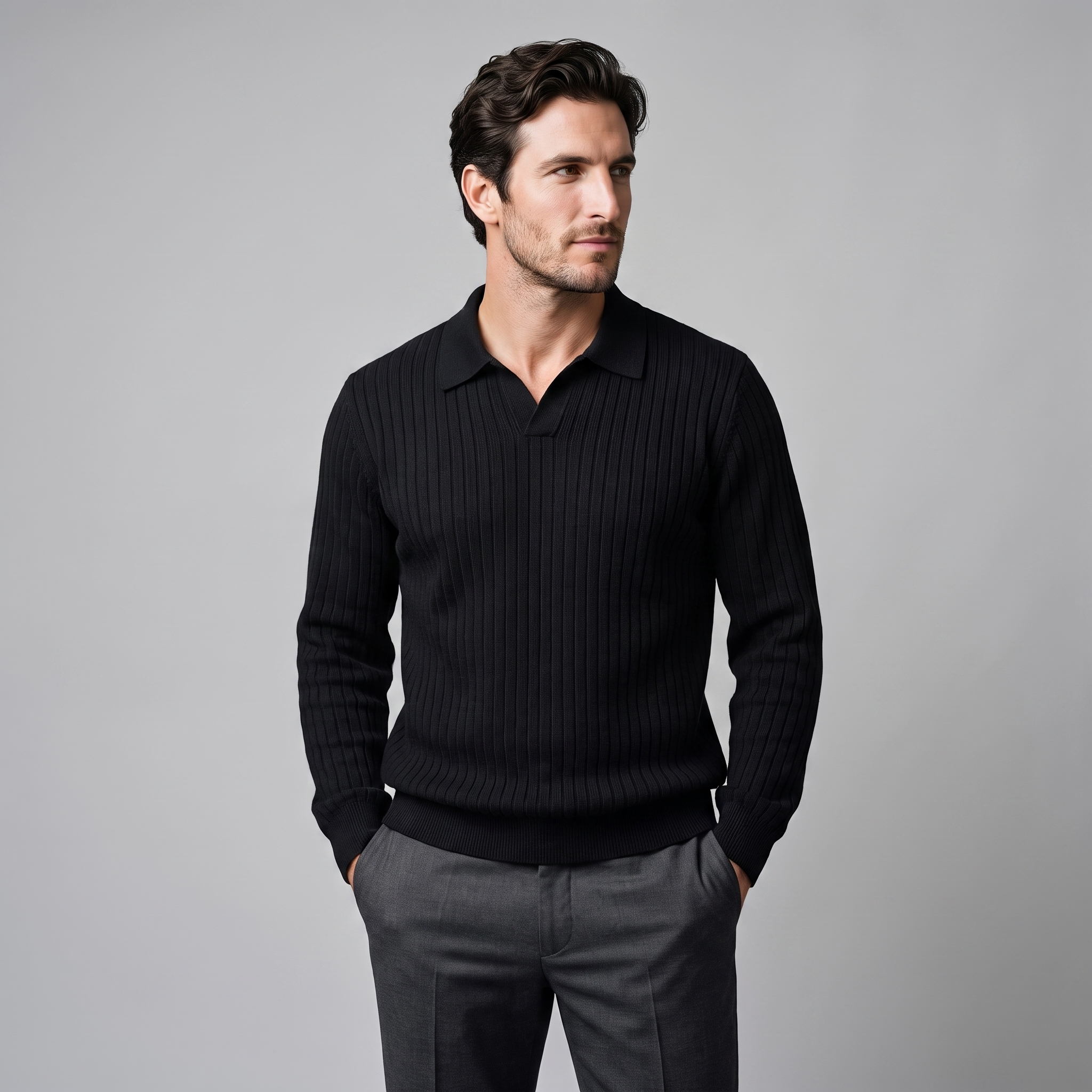 Men's Ribbed Knit Polo Sweater