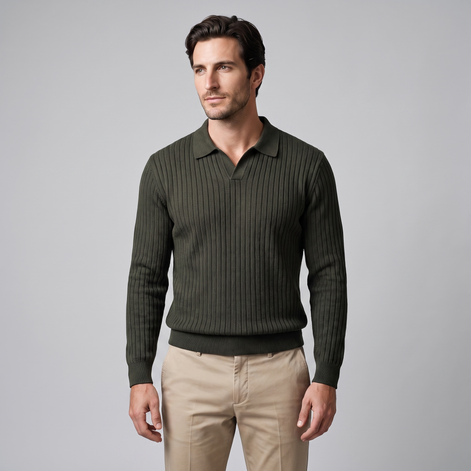 Men's Ribbed Knit Polo Sweater