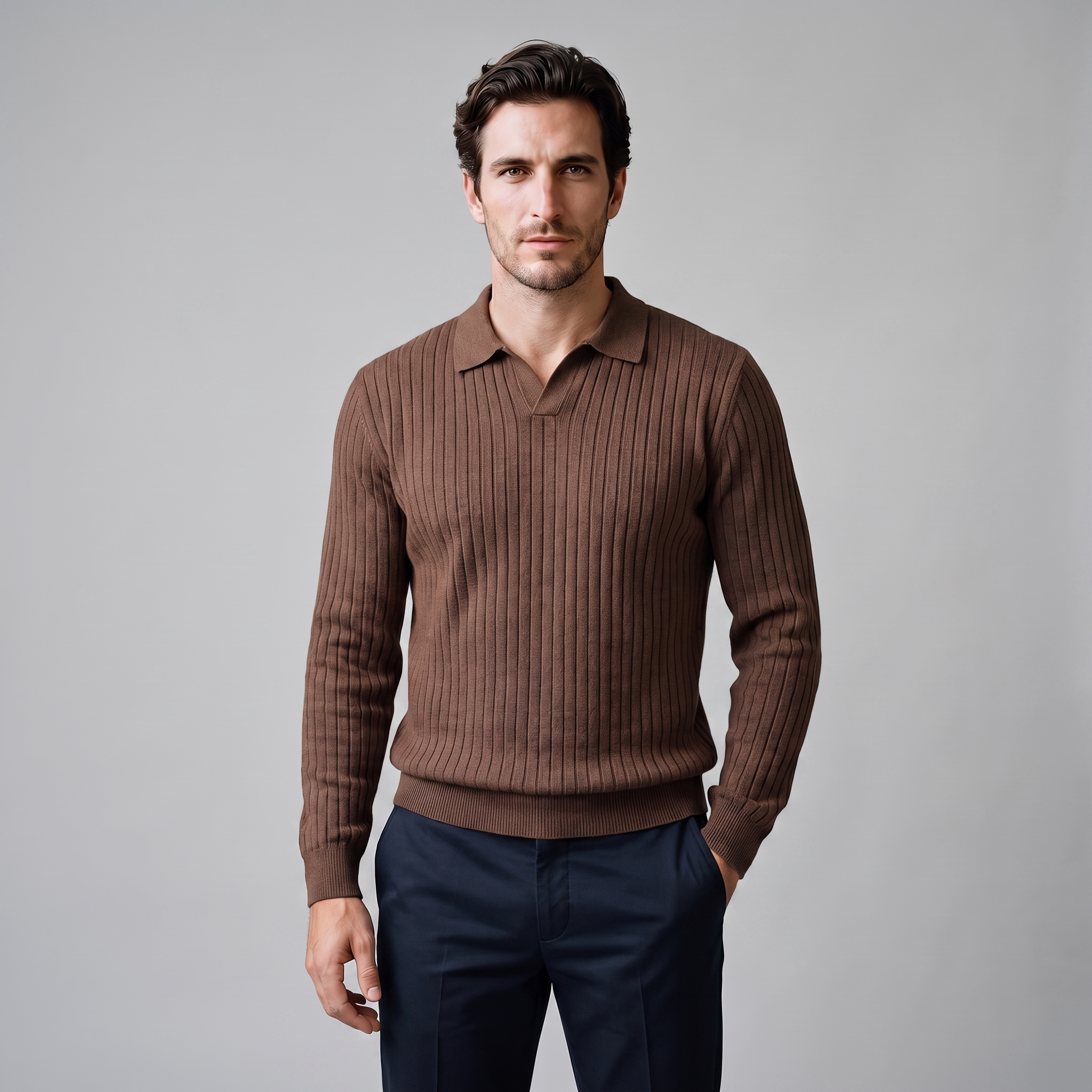 Men's Ribbed Knit Polo Sweater