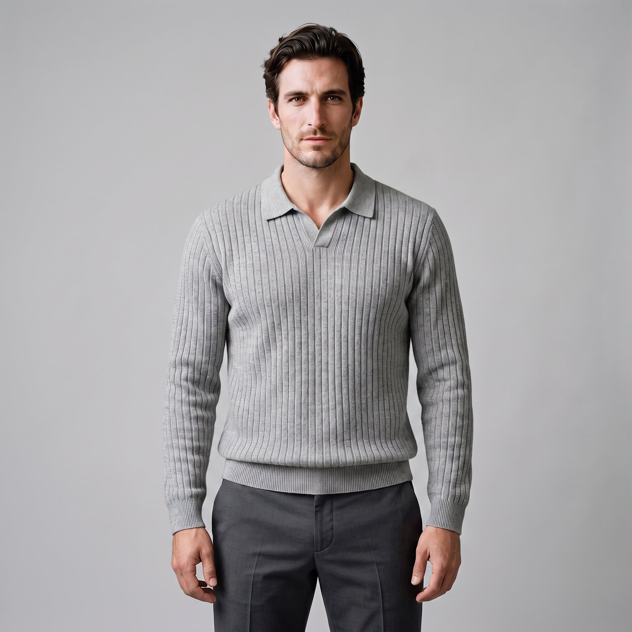 Men's Ribbed Knit Polo Sweater