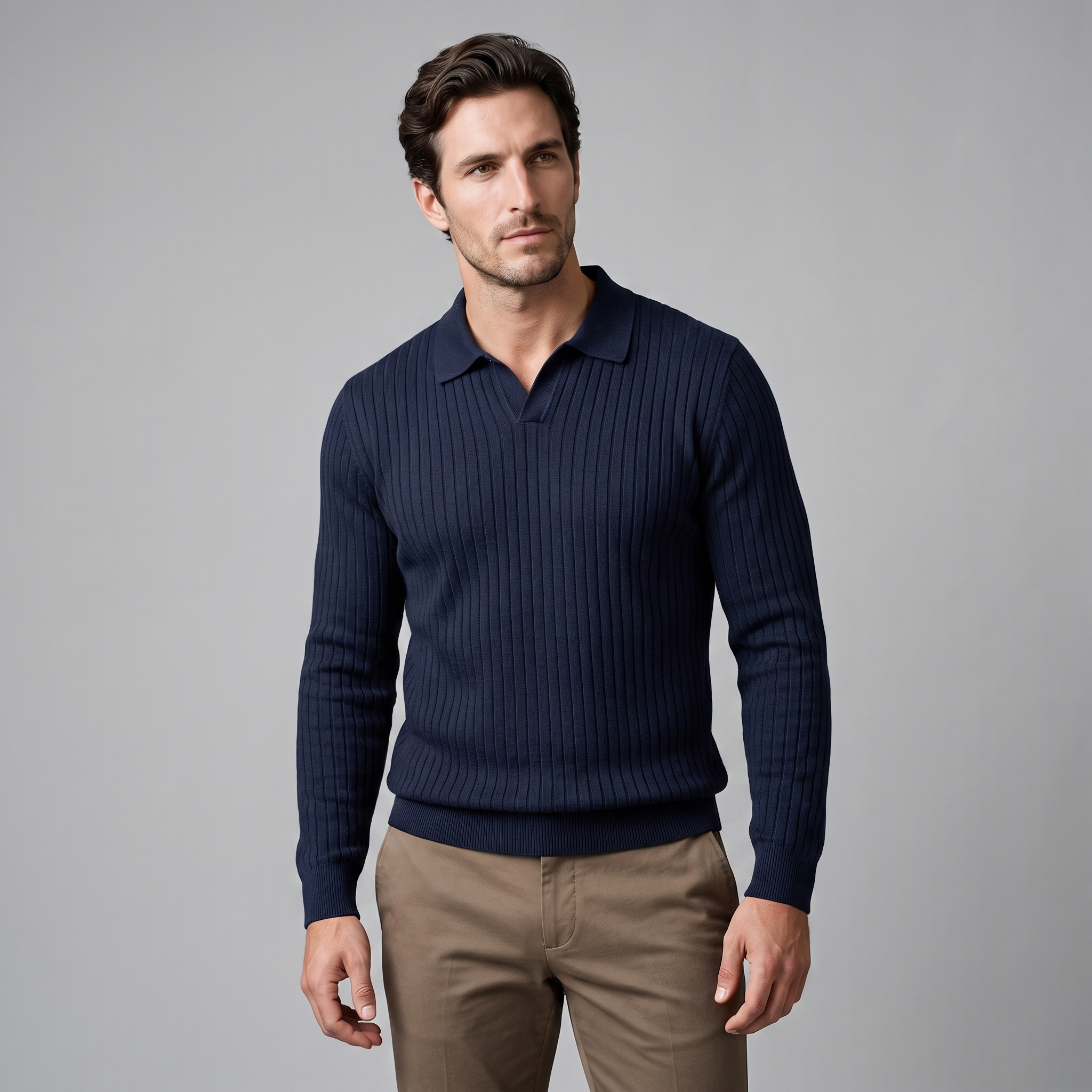 Men's Ribbed Open Collar Polo Sweater