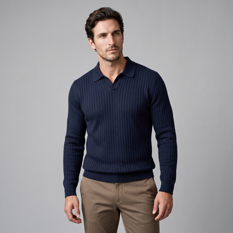 Men's Ribbed Open Collar Polo Sweater