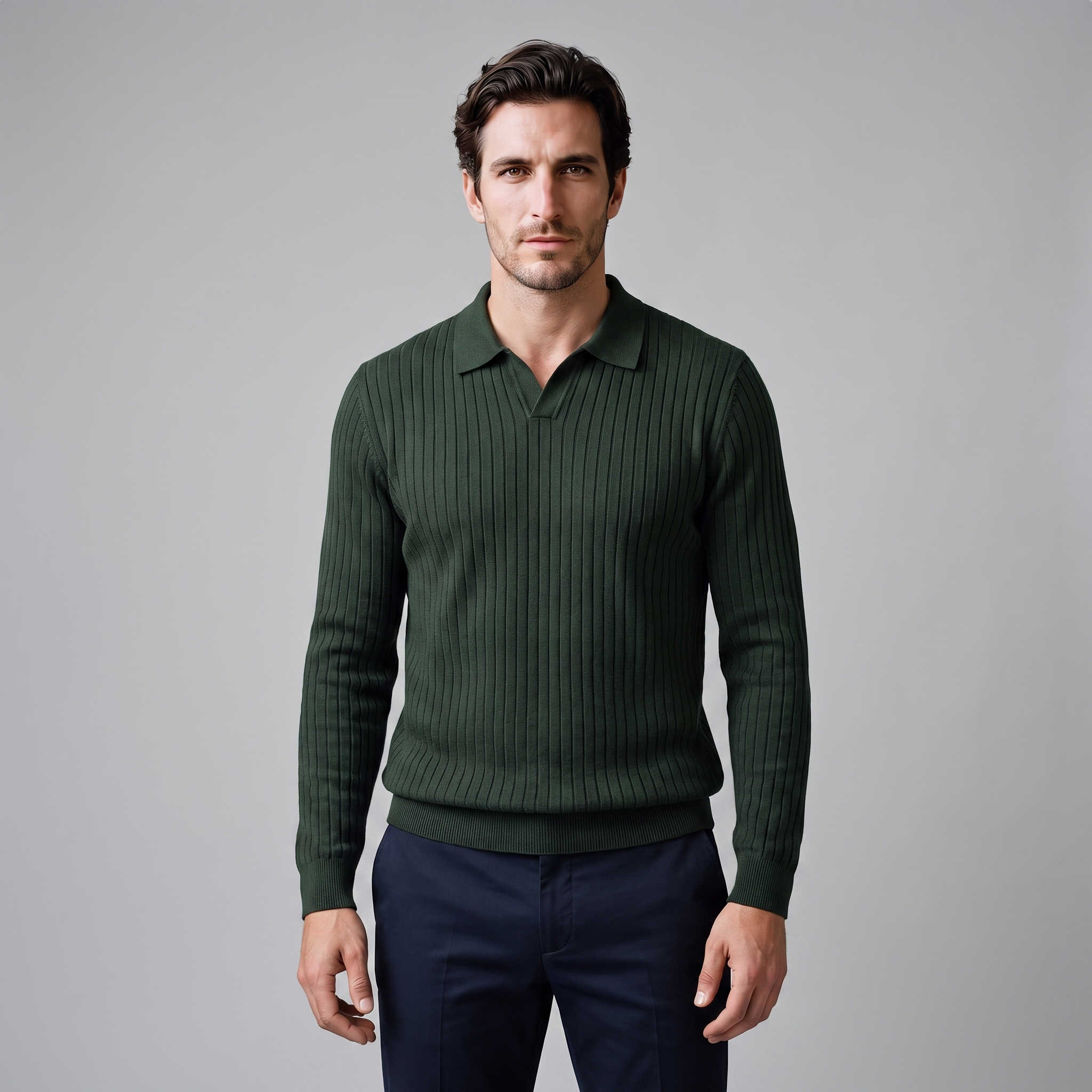 Men's Ribbed Open Collar Polo Sweater