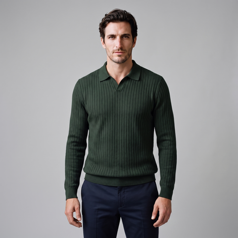 Men's Ribbed Open Collar Polo Sweater