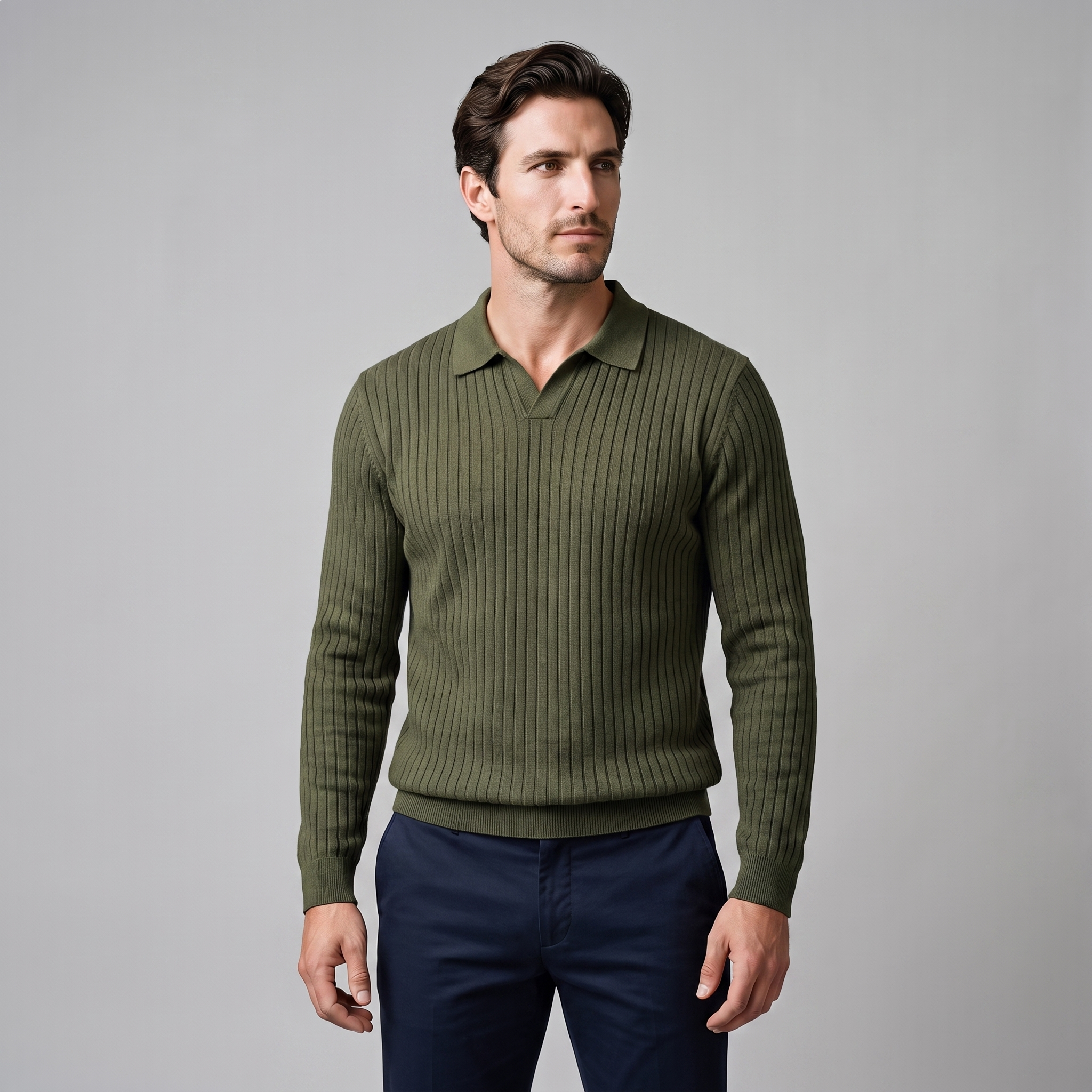 Men's Ribbed Open Collar Polo Sweater