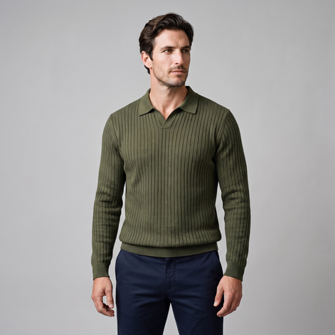 Men's Ribbed Open Collar Polo Sweater