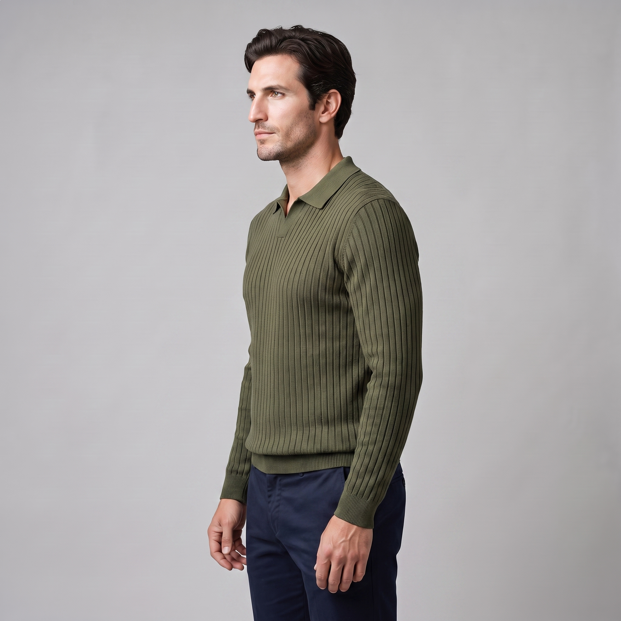 Men's Ribbed Open Collar Polo Sweater