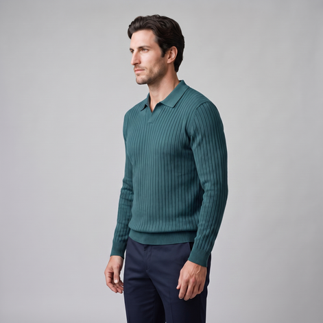 Men's Ribbed Open Collar Polo Sweater