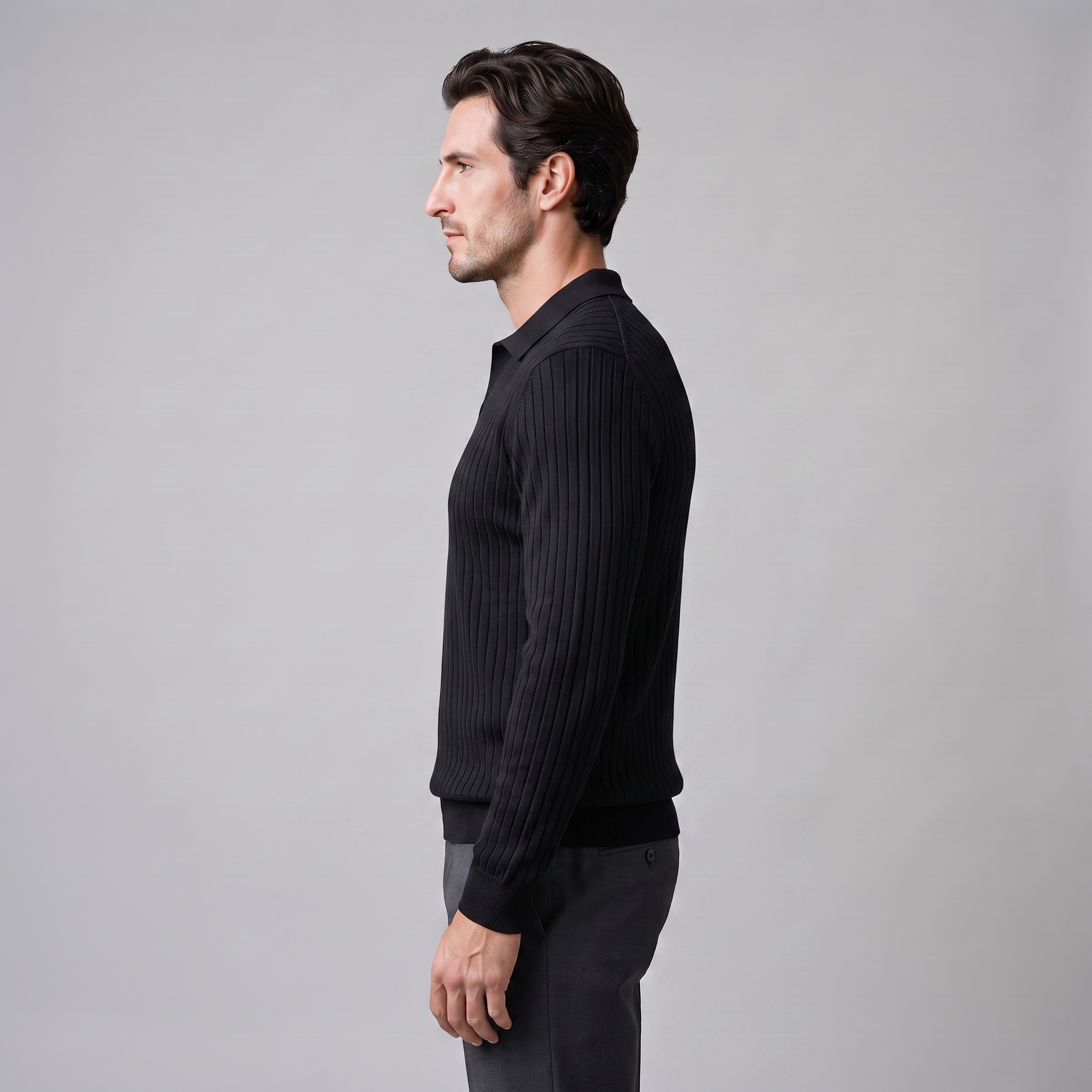 Men's Ribbed Open Collar Polo Sweater
