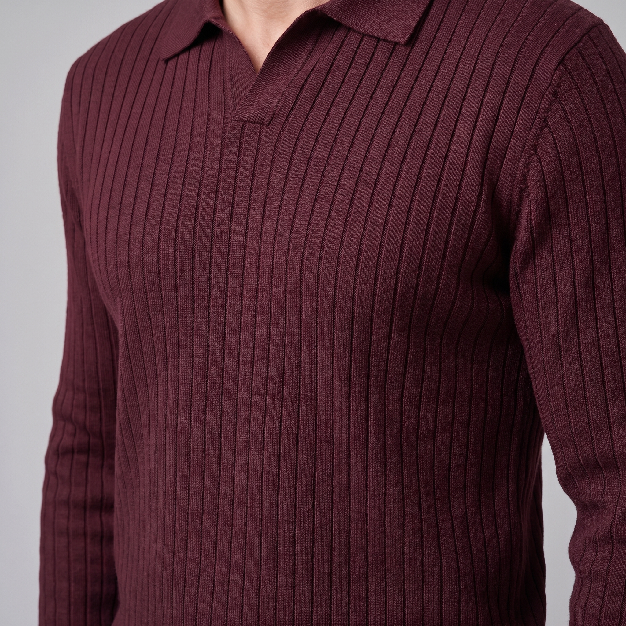 Men's Ribbed Open Collar Polo Sweater