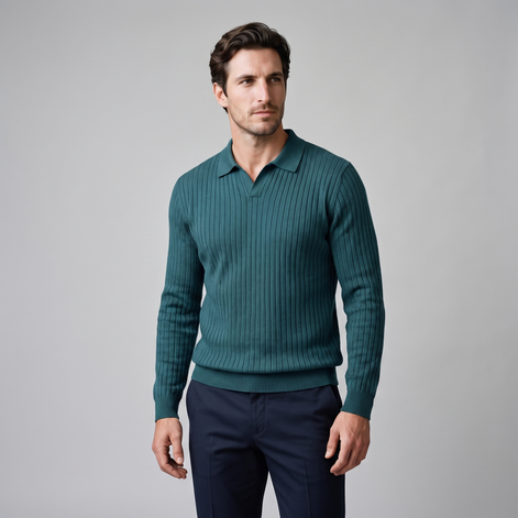 Men's Ribbed Open Collar Polo Sweater