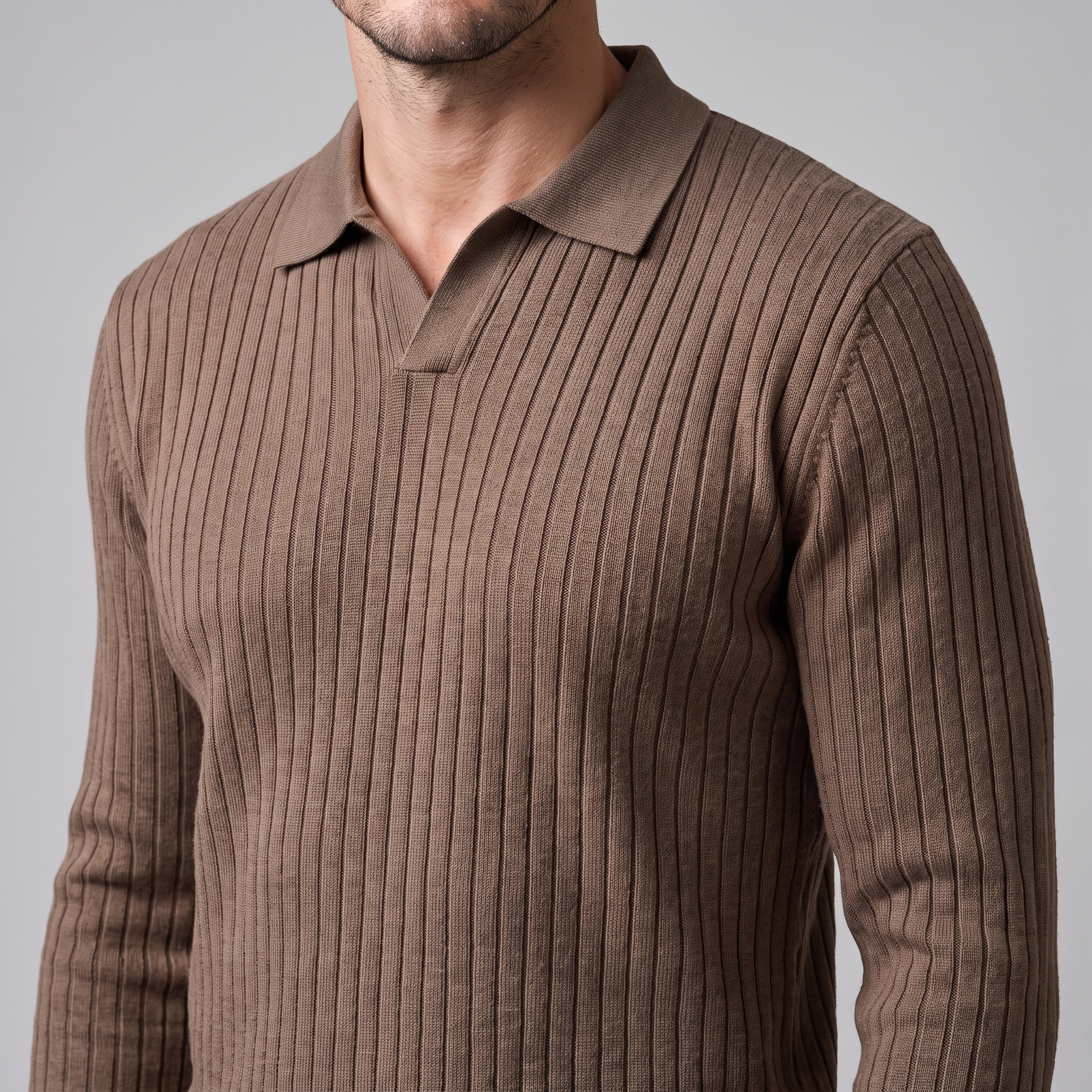 Men's Ribbed Open Collar Polo Sweater