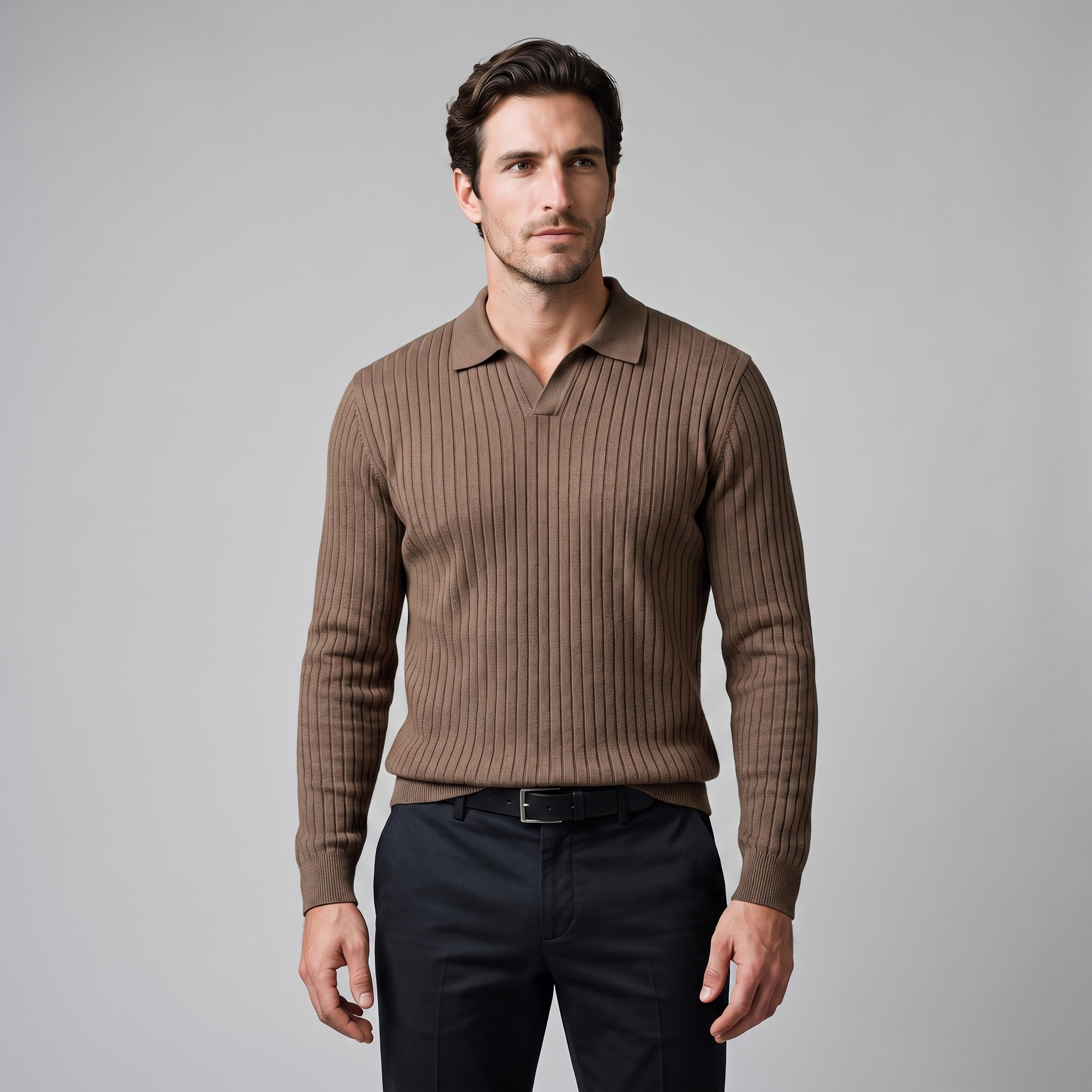 Men's Ribbed Open Collar Polo Sweater