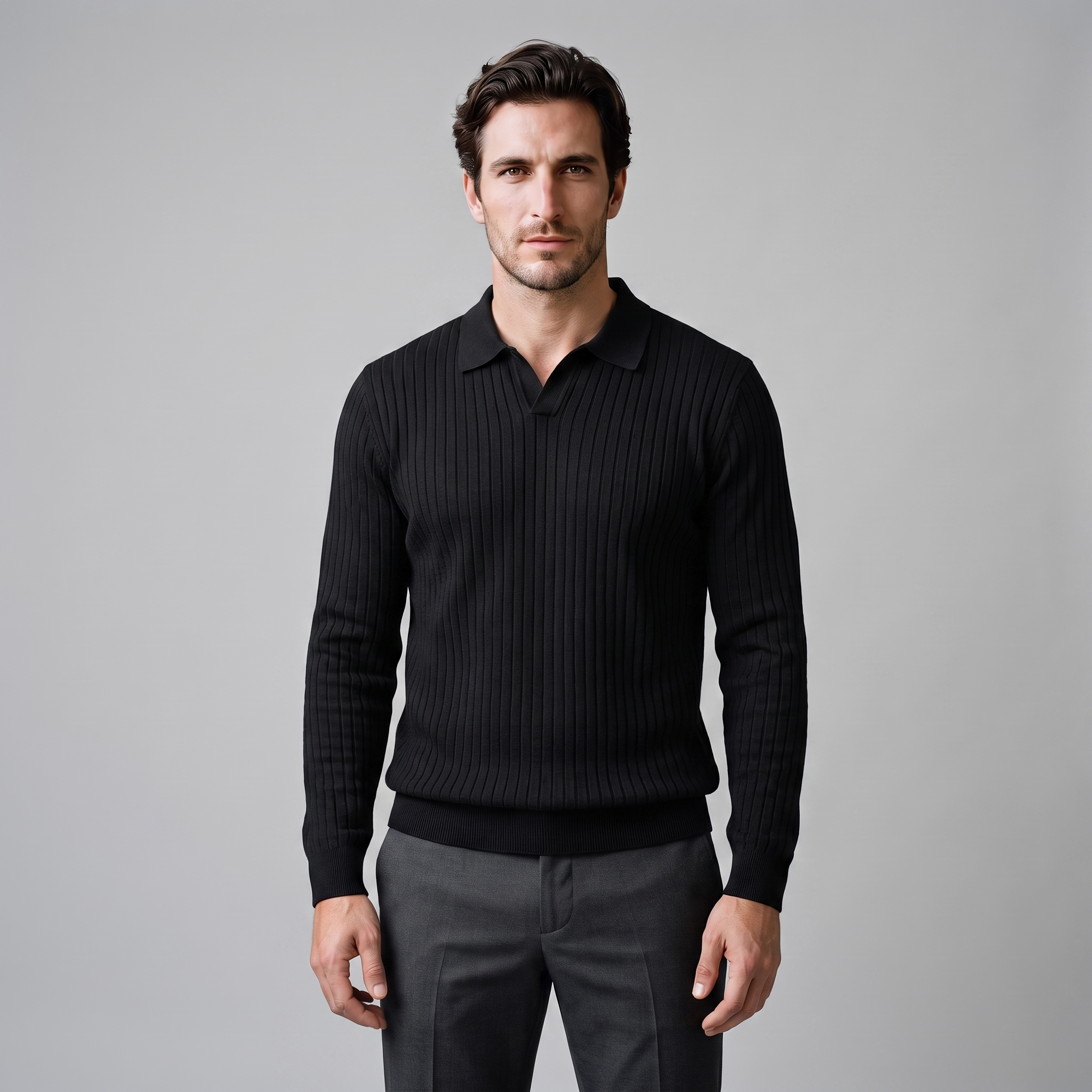Men's Ribbed Open Collar Polo Sweater